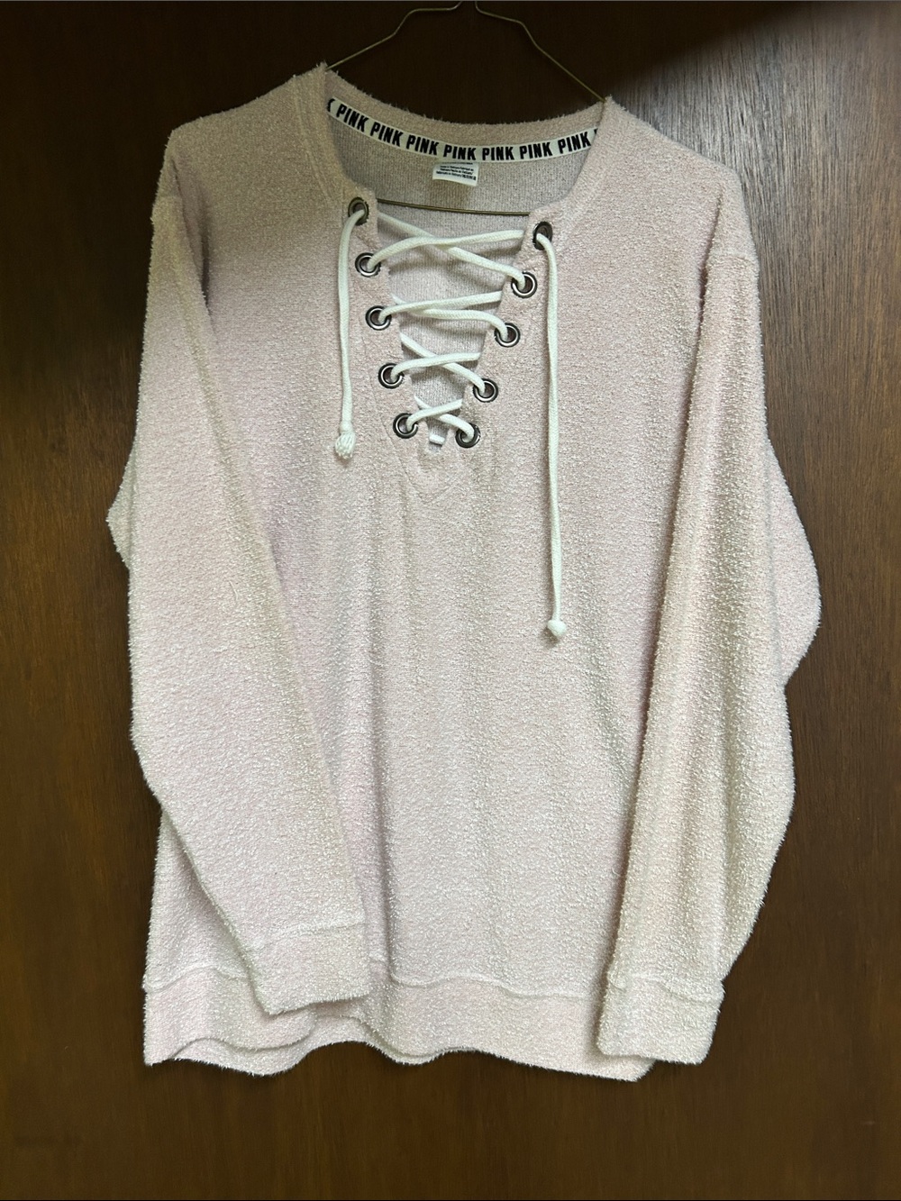 PINK Victoria's Secret Lace-Up Terry Pullover in Light Pink